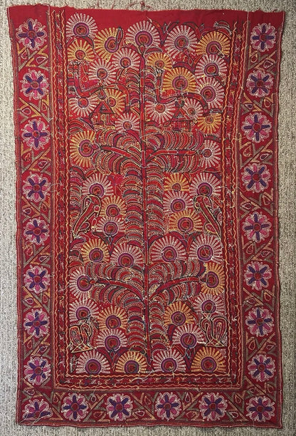 Vintage 1960’s Indian Kutch Chakla Embroidery/Mirror Work Textile Tree of Life Wall Hanging