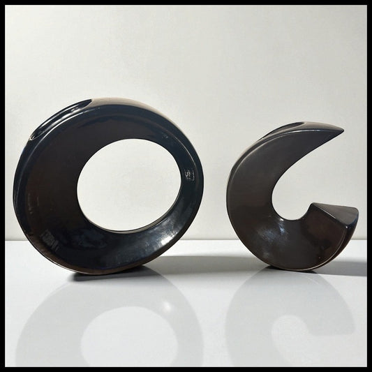 Set of 2 Vintage 1970’s Japanese Postmodern Pottery Black Ceramic Ikebana Vases