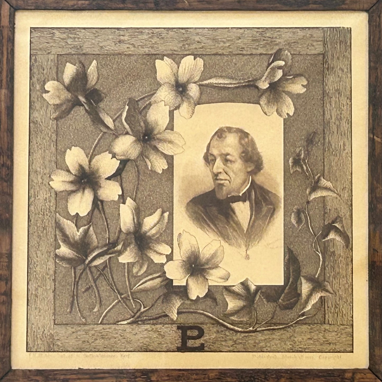 1887 English Victorian Prime Minister Benjamin Disraeli Commemorative Portrait Steel Engraving Art by J.H. Allchin Set in Circa 1900 Arts & Crafts Quarter-Sawn Oak Frame with Wooden Slip Matting