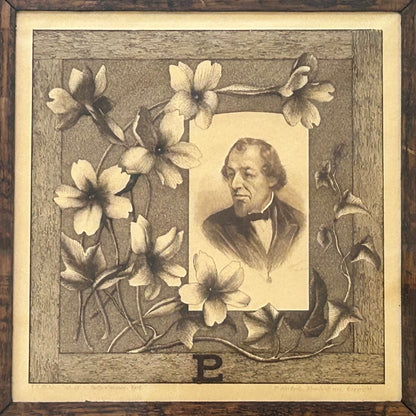 1887 English Victorian Prime Minister Benjamin Disraeli Commemorative Portrait Steel Engraving Art by J.H. Allchin Set in Circa 1900 Arts & Crafts Quarter-Sawn Oak Frame with Wooden Slip Matting
