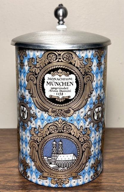 Vintage 1980’s German Porcelain Pewter Lidded Munchen Souvenir Stein