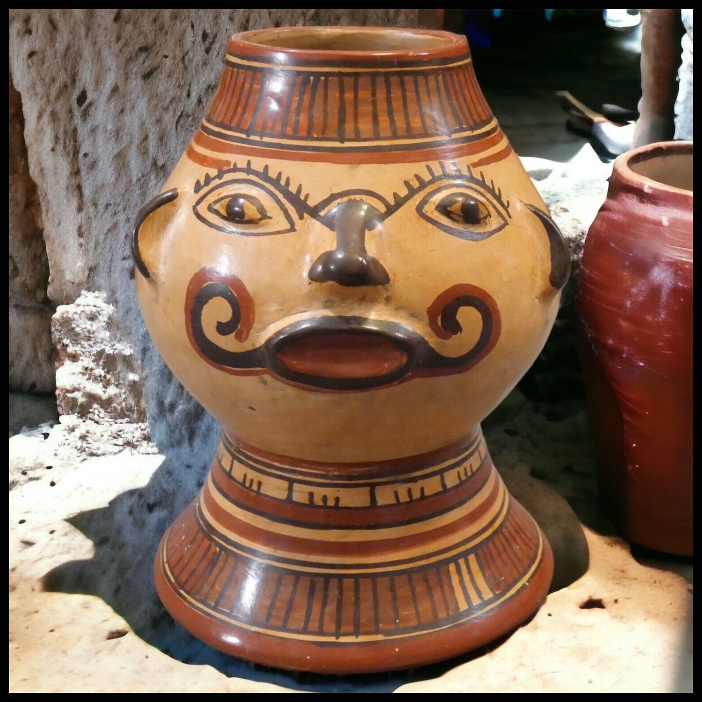 Vintage Mid 20th Century Costa Rican Pre-Columbian Style Nicoya Pottery Pataky Polychrome Anthropomorphic Head Footed Effigy Vessel