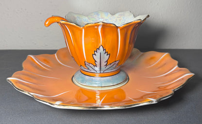 1920’s Japanese Art Deco Noritake Morimura Bros. Lustreware Porcelain Lotus Flower Form Leaf Motifs Footed Condiment/Sauce Bowl Three-Piece Set with Ladle and Underplate