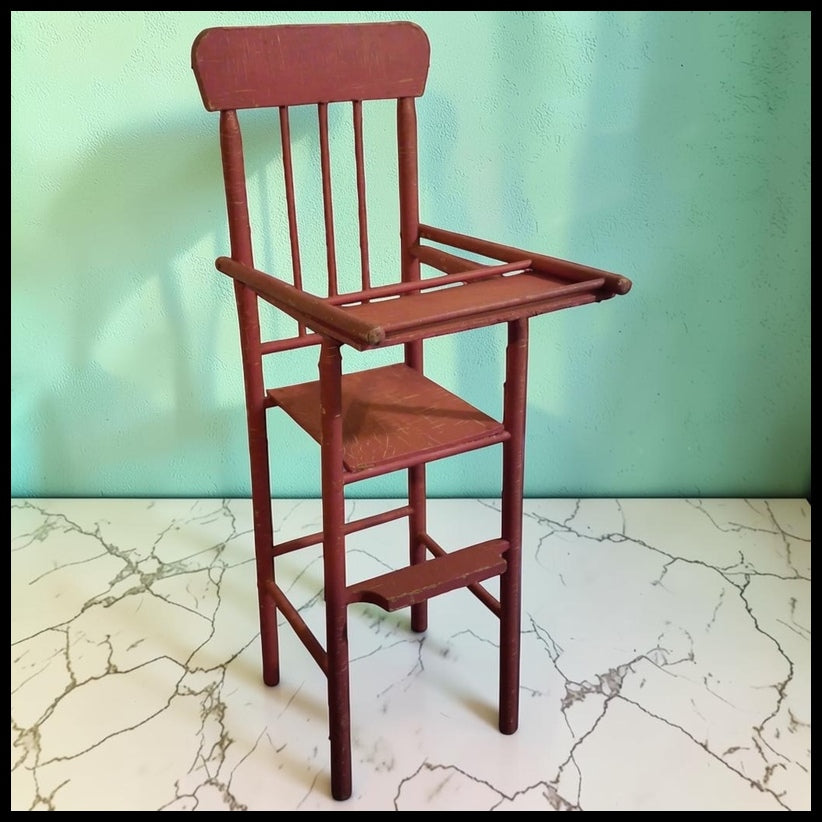 Circa 1930 American Primitive Red Painted Wooden Doll High Chair