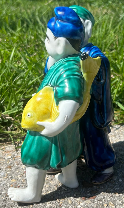 Vintage Circa 1970 Chinese Export Porcelain Fisherman and Ear Cleaning Man Fengsu Renwu Figural Group Figurine