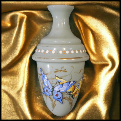 Late 19th Century Continental Moser Style Blue Opaline Glass Gilded Hand-Painted Butterfly Motif Acorn Shaped Bud Vase