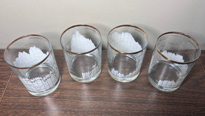 Vintage Set of 4 1988 American Mid Century Modern Style Brown & Bigelow Dow Jones Industrial 25 Year Average Gilded Rim Lowball Glasses