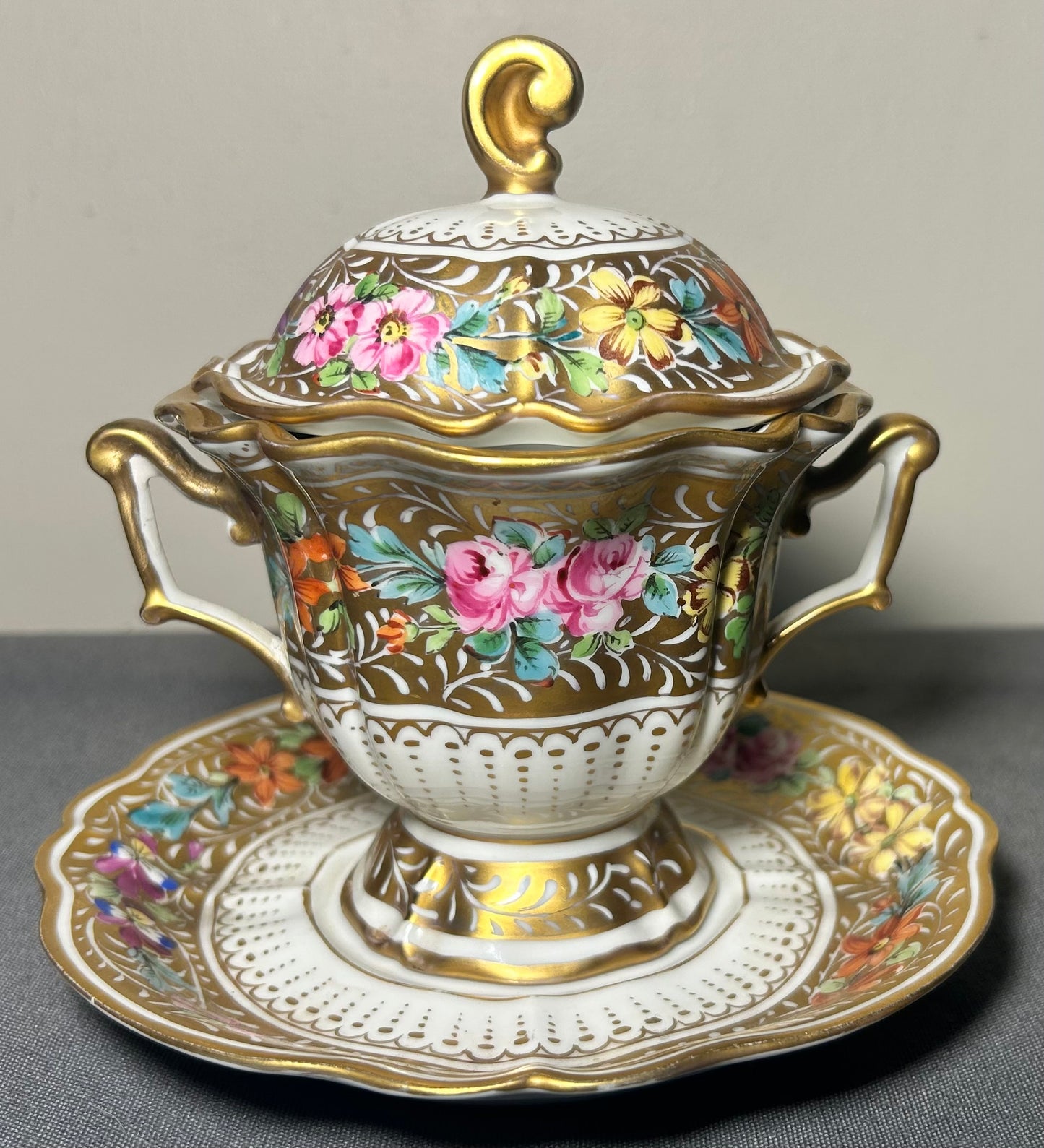 1930’s French Halga Limoges Napoleon III Style Porcelain Hand-Painted Gilded Floral Motifs Footed Chocolate Pot with Underplate