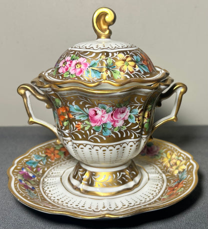 1930’s French Halga Limoges Napoleon III Style Porcelain Hand-Painted Gilded Floral Motifs Footed Chocolate Pot with Underplate