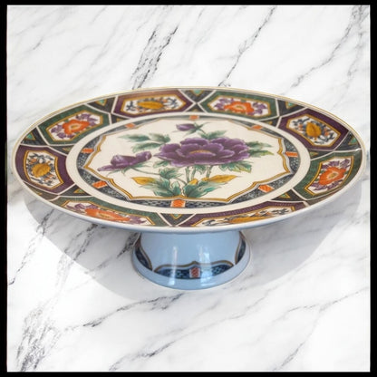 Vintage 1970's Georges Briard Amethyst Kutani Japanese Porcelain Purple Chrysanthemum Floral Motif Pedestal Cake Stand