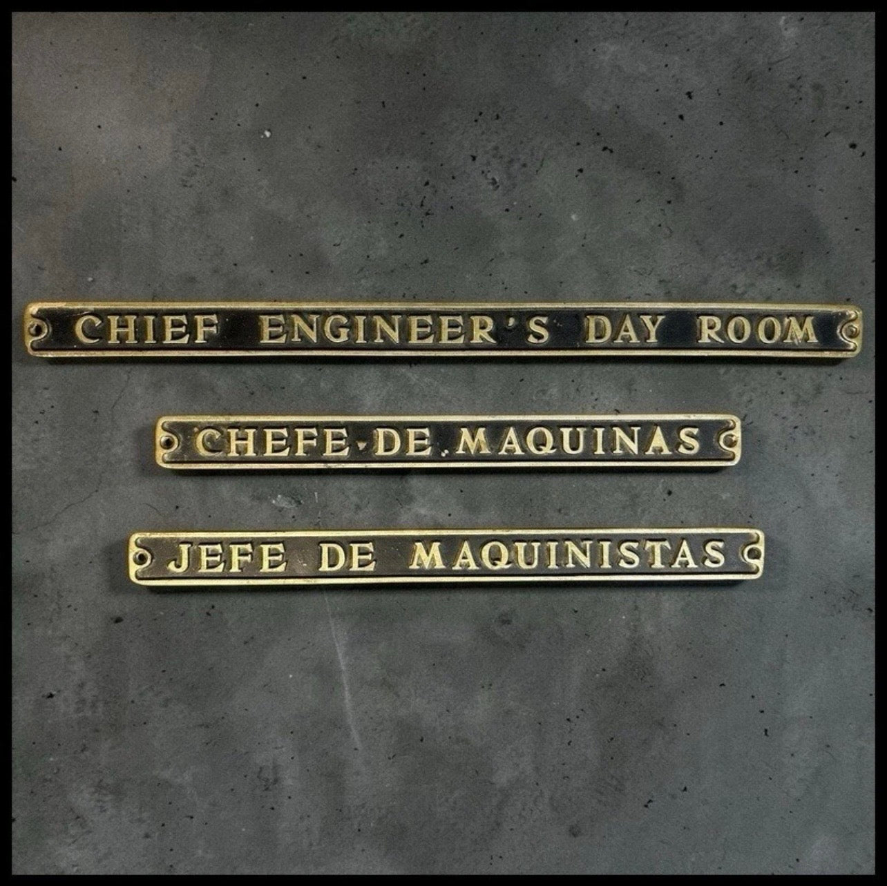 Set of 3 Late 1940’s American Delta Line SS Del Norte Cast Brass Metal Ship Chief Engineer Signs in Different Languages