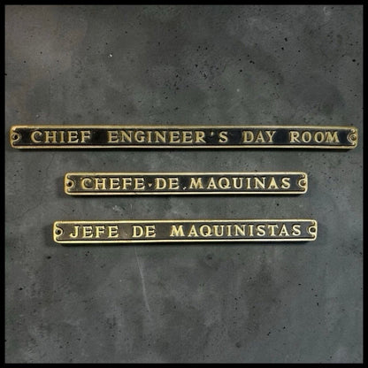 Set of 3 Late 1940’s American Delta Line SS Del Norte Cast Brass Metal Ship Chief Engineer Signs in Different Languages