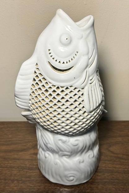 Vintage 1960’s Chinese Dehua Blanc de Chine Porcelain Reticulated Koi Carp Fish Sculpture