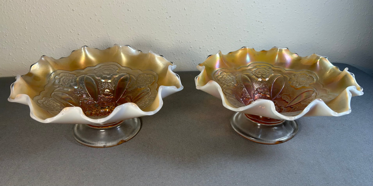Pair of Circa 1915-1925 American Fenton Marigold/Opalescent Carnival Glass Lustre Rose Pattern Footed Compotes