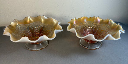 Pair of Circa 1915-1925 American Fenton Marigold/Opalescent Carnival Glass Lustre Rose Pattern Footed Compotes