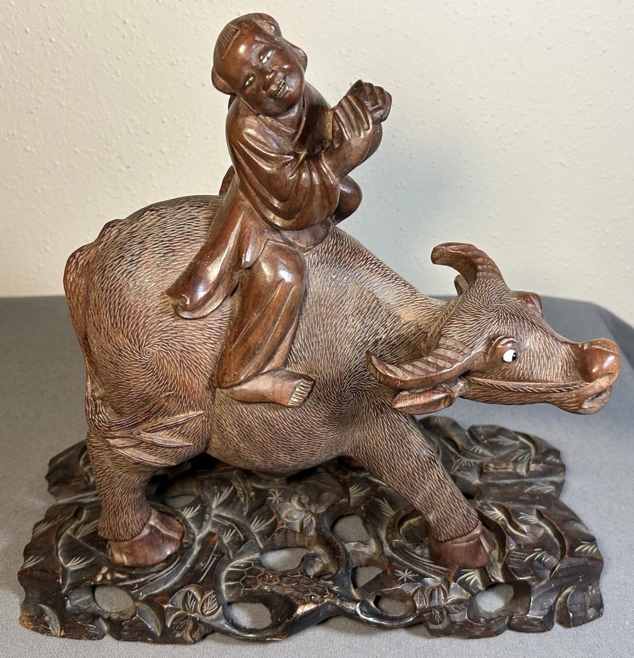 1920’s Chinese Young Herdsboy Riding Water Buffalo on Openwork Base Hand-Carved Rosewood Sculpture