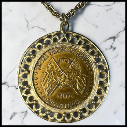 Vintage American 1976 Bicentennial Eagle and Flags/Liberty Bell Motifs Coin Gold-tone Metal Pendant Necklace