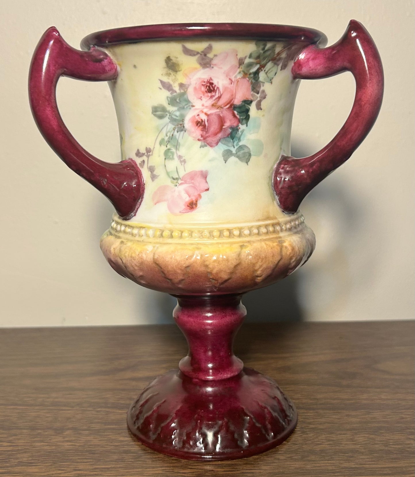 1889-1906 American Ceramic Art Studio Belleek Porcelain Hand Painted Rose Motifs Loving Cup Vase