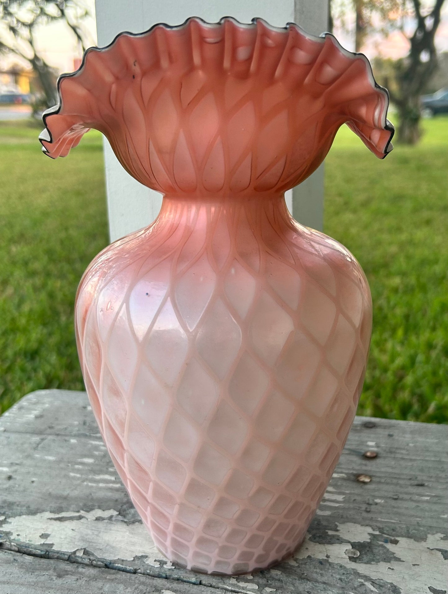 Late 19th Century Bohemian Victorian Harrach Pink/White Cased Glass Quilted Diamond Pattern Hand-Painted Floral/Butterfly Motifs Crimped Rim Bulbous Fan Vase