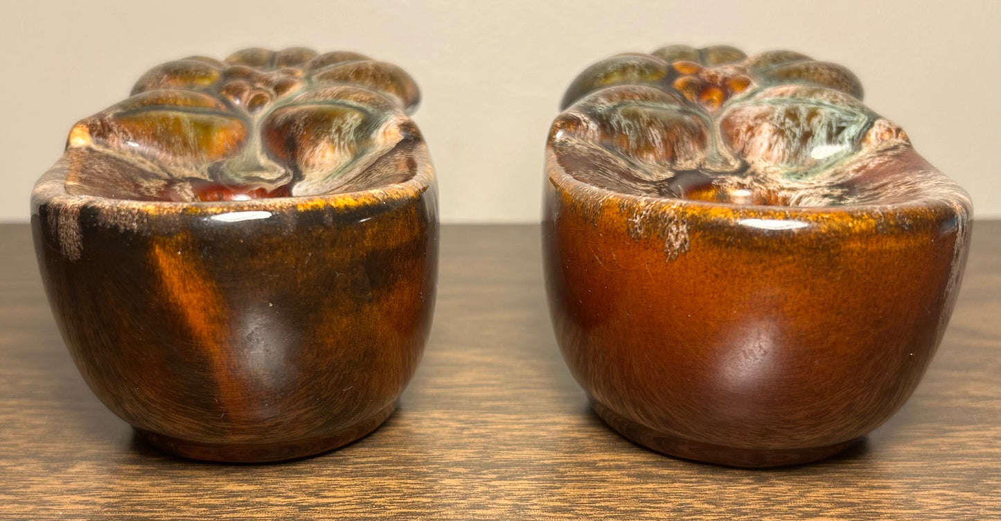 Pair of Vintage 1960’s American Mid Century Modern Brown Ceramic Drip Glaze Flower Bowl Form Votive Candle Holders