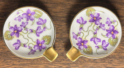 Pair of 1940’s German Mitterteich Bavaria Porcelain Gilded Violet Flower Motifs Personal Ashtrays