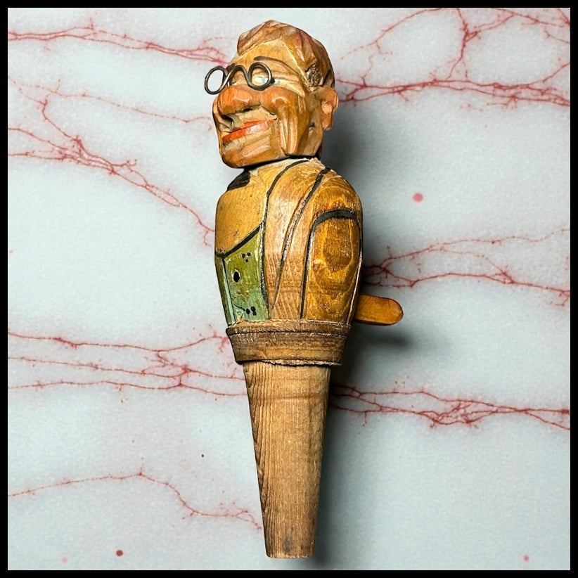 Vintage 1950’s Italian ANRI Carved Wooden Polychrome Mechanical Man in Glasses Figural Bottle Stopper