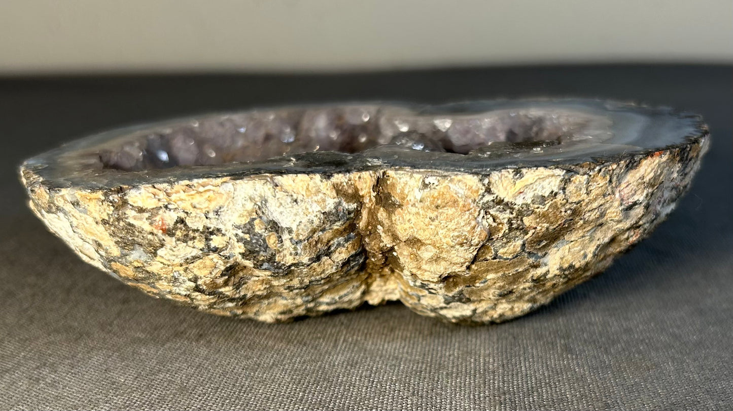 Natural Amethyst Quartz Crystal/Gray & White Chalcedony Agate Twin-Pocket Geode Specimen