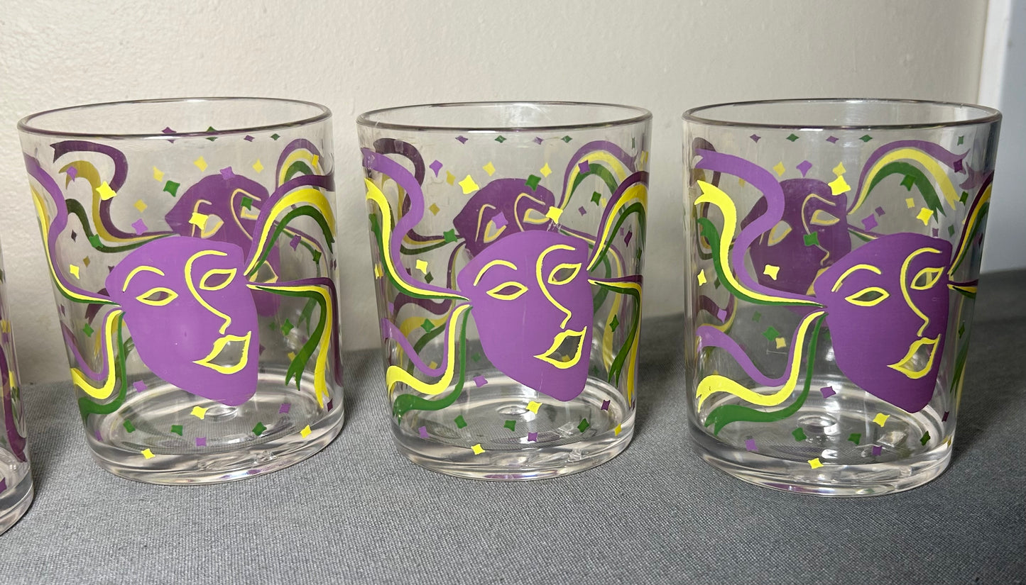 Set of 5 Vintage 1960’s American Cera Mid Century Modern Mardi Gras Mask Motif Plastic Lowball Glasses