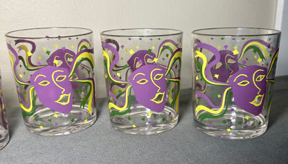 Set of 5 Vintage 1960’s American Cera Mid Century Modern Mardi Gras Mask Motif Plastic Lowball Glasses