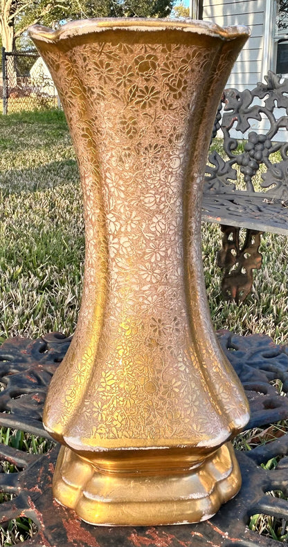 Vintage 1950’s American Hollywood Regency Gilded Ceramic Floral Pattern Footed Hourglass Vase
