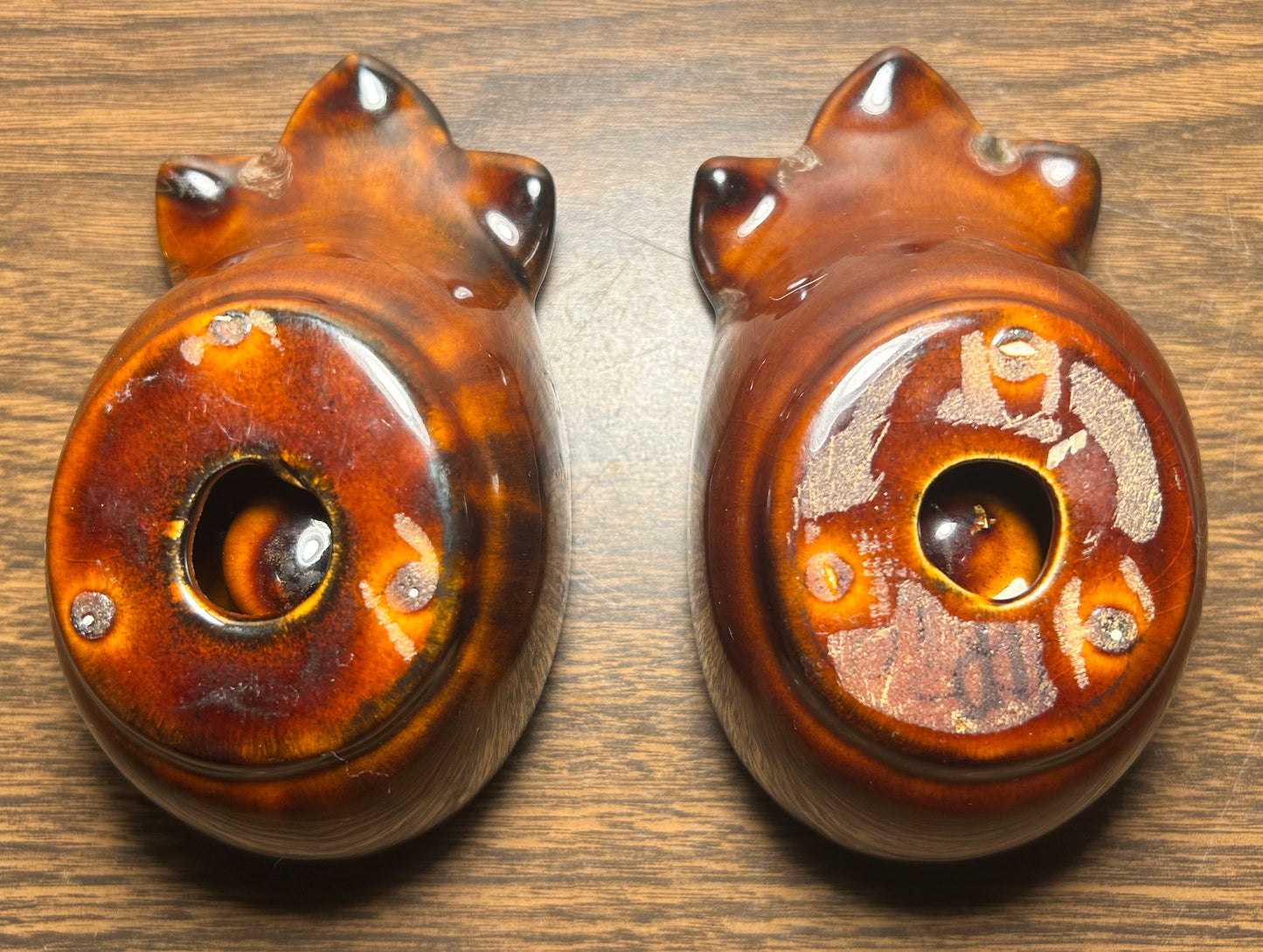 Pair of Vintage 1960’s American Mid Century Modern Brown Ceramic Drip Glaze Flower Bowl Form Votive Candle Holders