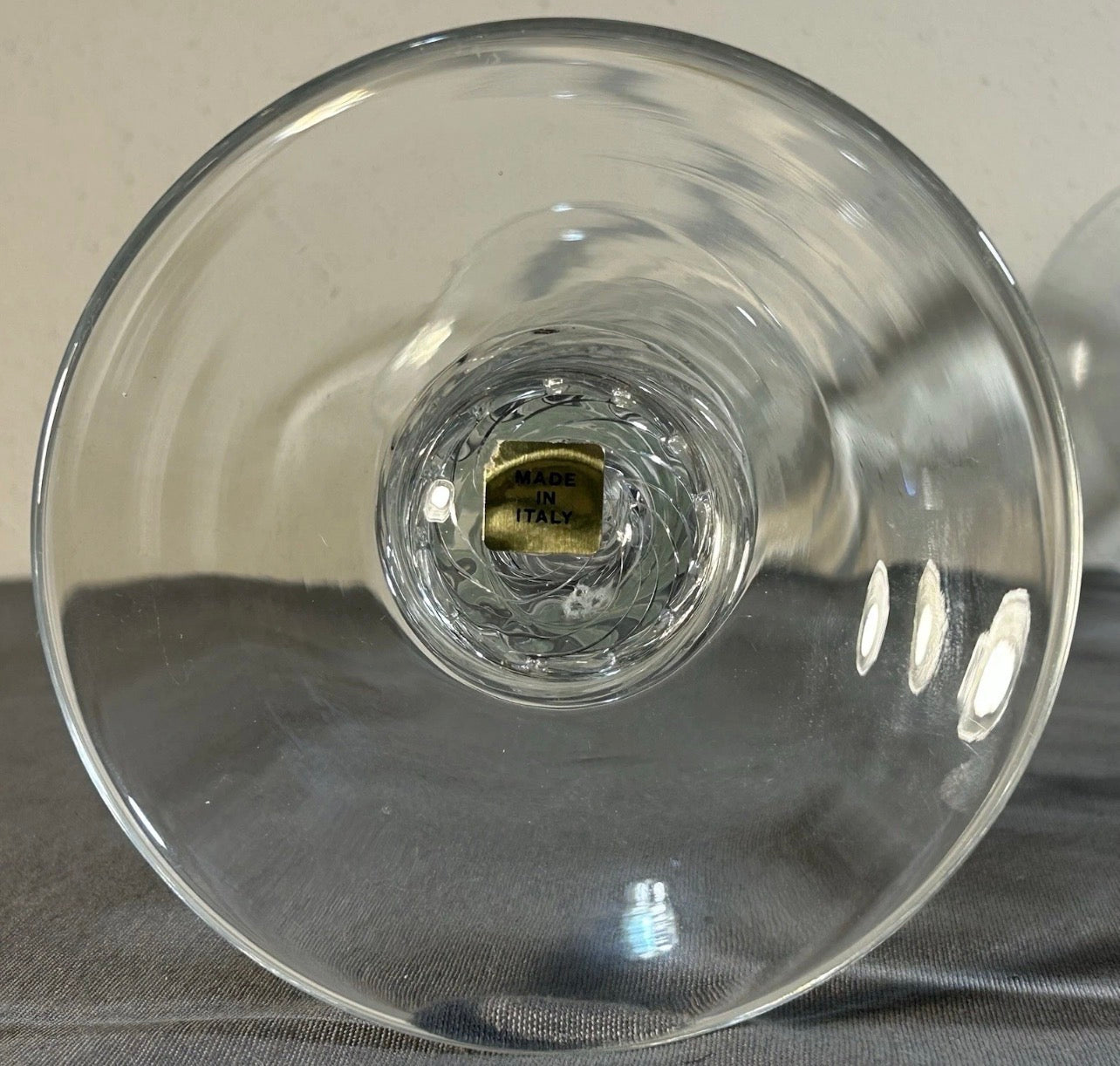 Pair of Vintage 1960’s Italian Empoli Monumental Mid Century Modern Clear Art Glass Optic Swirl Torsade Pattern Staggered Integrated Candle-Socket Chimney Circular Bobeche Drip Pans Candlesticks