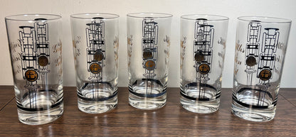 Set of 5 Vintage 1960’s American Mid Century Modern Griffiths Golden Grid Gilded Television Component Motifs Highball Glasses