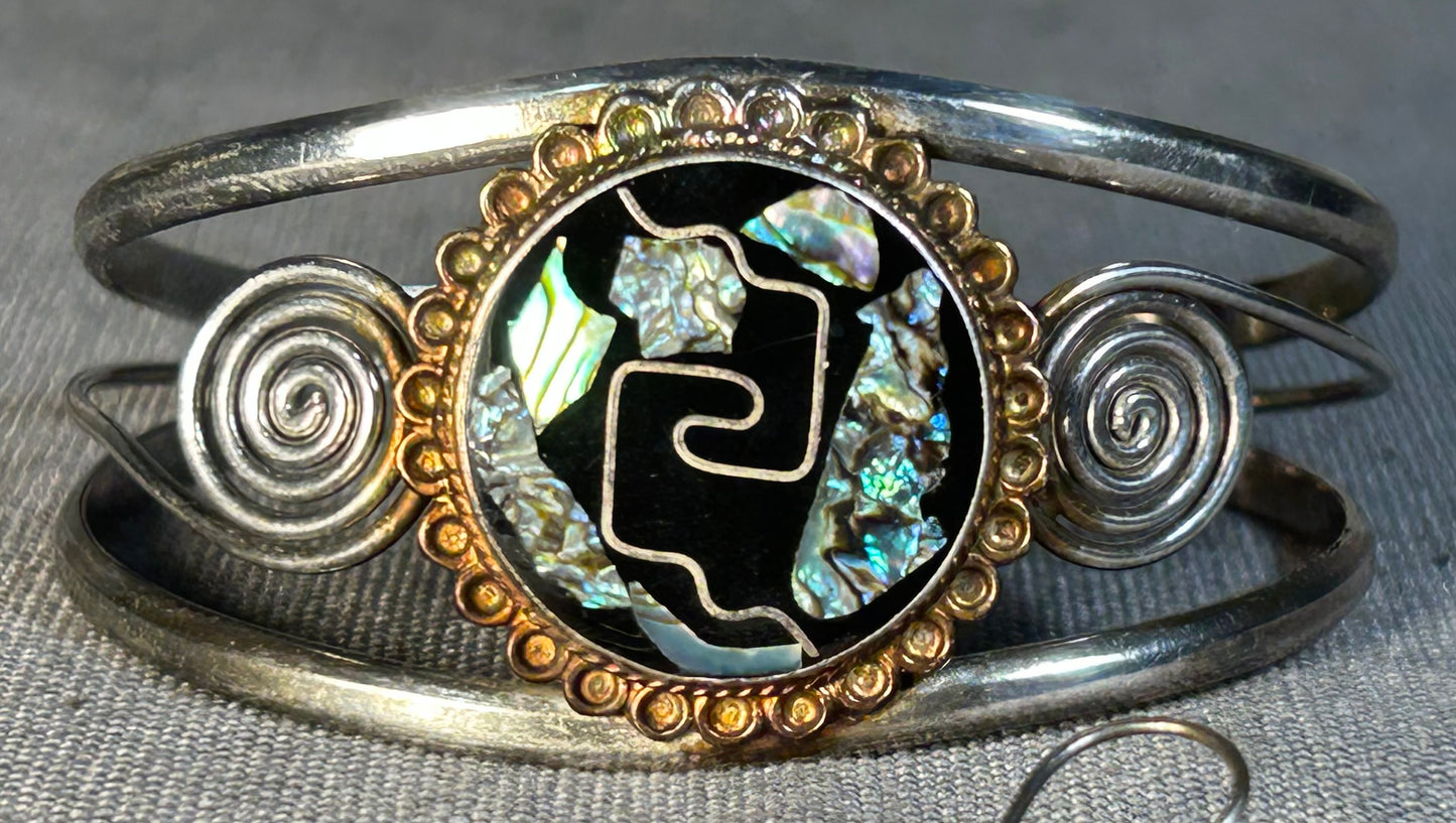Vintage Circa 1970 Mexican Alpaca Modernist Silver Tone Abalone Shell and Black Onyx Inlay Aztec Chimalli Shield Motif Bangle Bracelet and Tassel Dangle Earrings Jewelry Set
