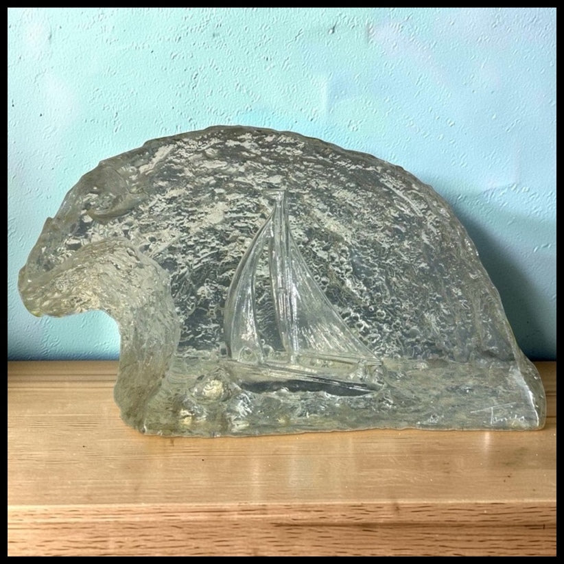 Vintage 1970’s American Mid Century Modern Lucite Reverse Carved Sailboat on Ocean with Seagull Wave Form Sculpture Signed Tanyo