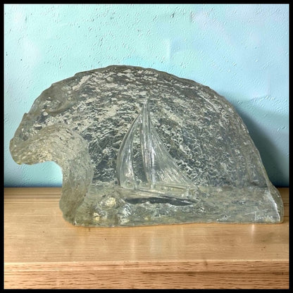 Vintage 1970’s American Mid Century Modern Lucite Reverse Carved Sailboat on Ocean with Seagull Wave Form Sculpture Signed Tanyo