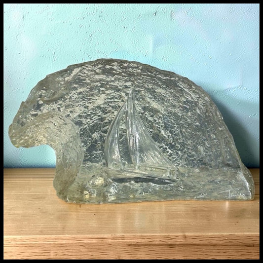 Vintage 1970’s American Mid Century Modern Lucite Reverse Carved Sailboat on Ocean with Seagull Wave Form Sculpture Signed Tanyo