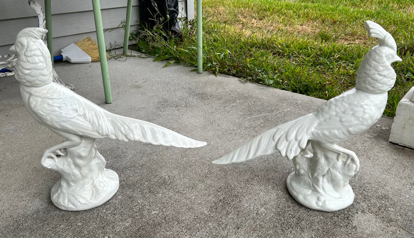 Pair of Vintage Circa 1960 Italian Mid Century Modern White Ceramic Pheasant Sculptures