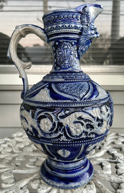 Mid 19th Century German Renaissance Revival Style Westerwald Salt Glazed Stoneware Coat of Arms Motif Satyr Spout Bulbous Footed Ewer