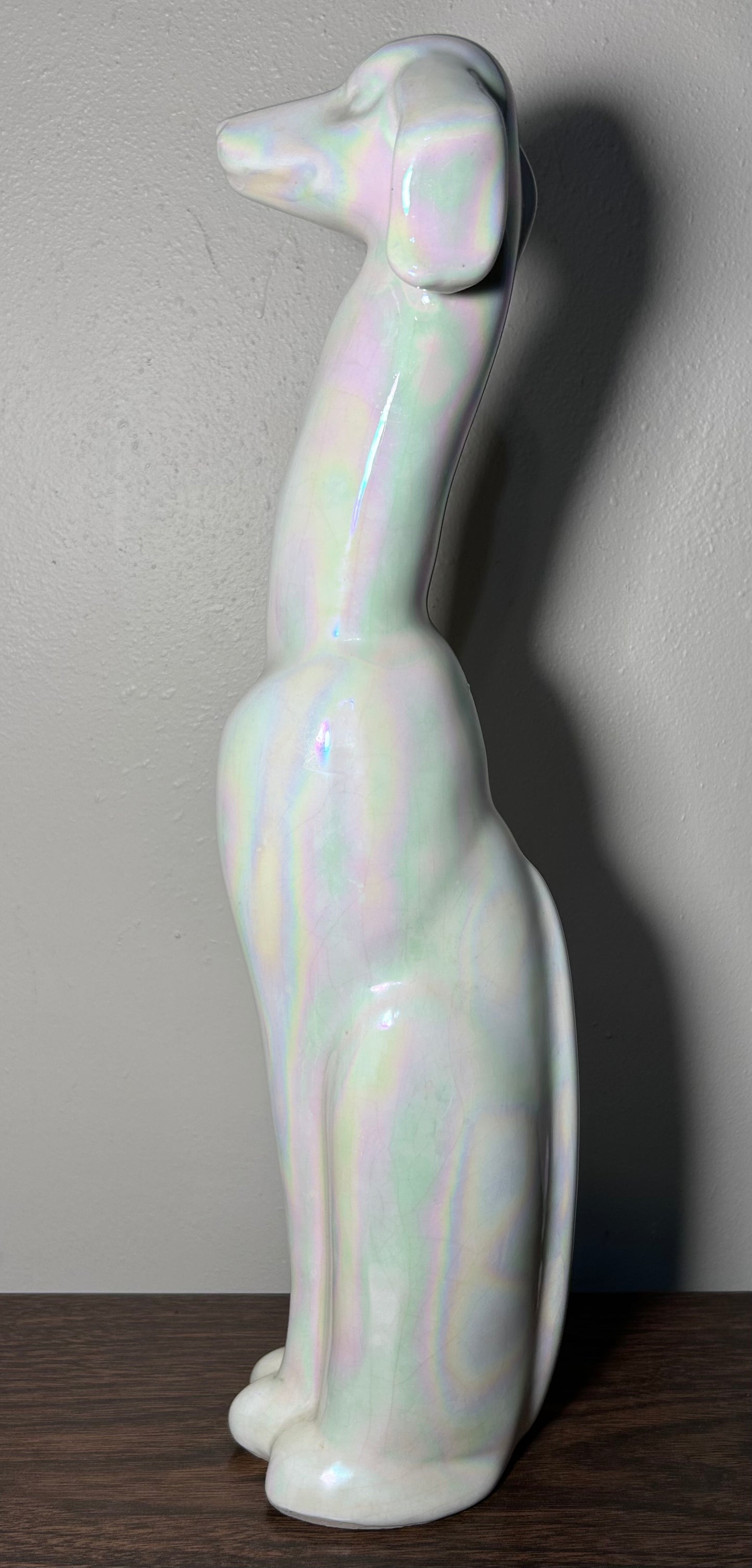 Vintage 1950’s American Mid Century Modern USA Pottery Iridescent White Crackle Glazed Ceramic Greyhound Dog Sculpture (#508)