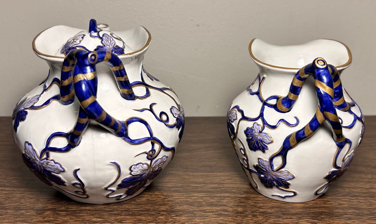 Vintage Mid 20th Century Italian Majolica Revival Style Gilded Cobalt Blue/White Porcelain Six-Piece Coffee Service Set