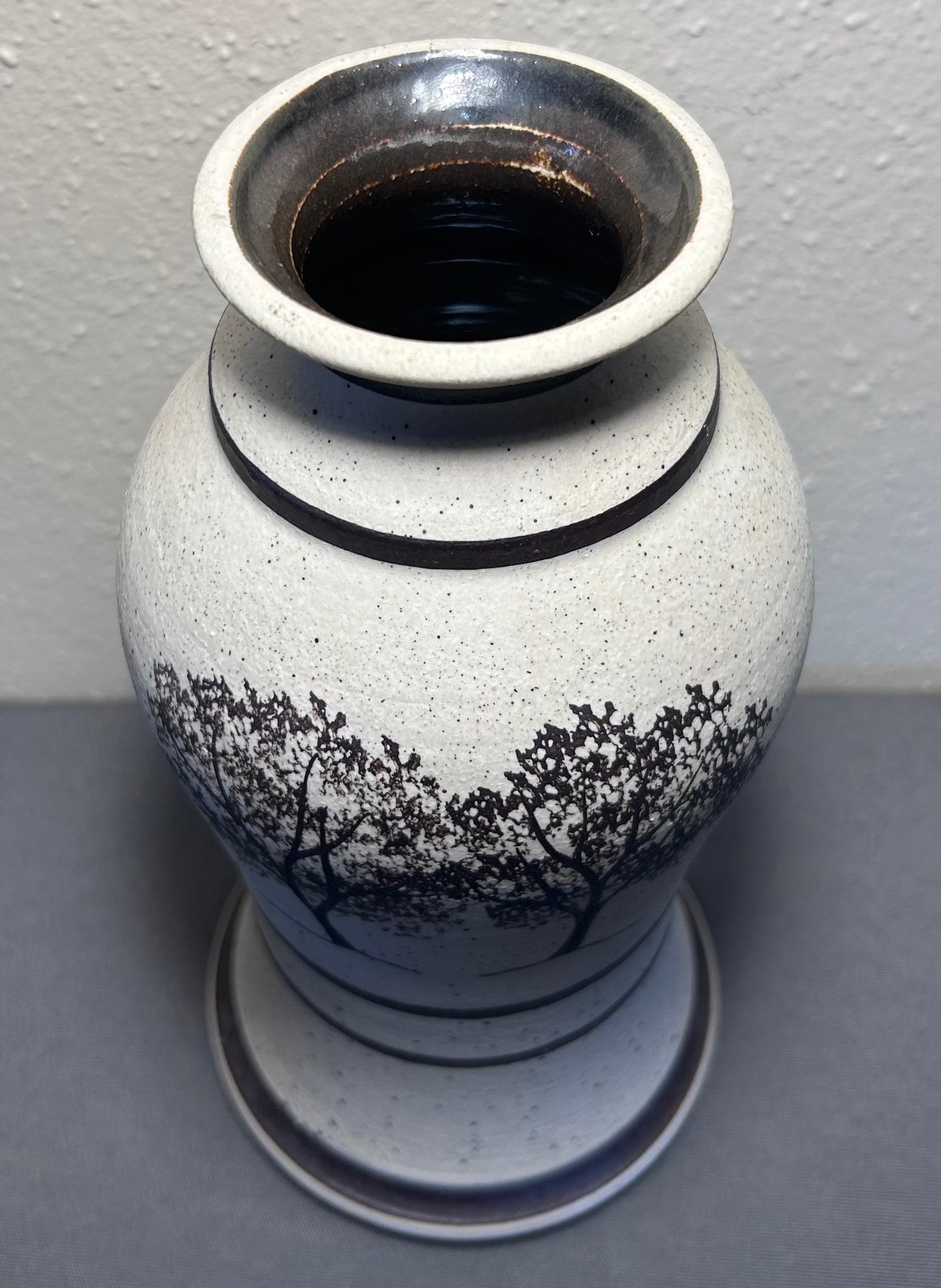 Vintage Contemporary Style Studio Pottery Speckled Stoneware Trees Motif Baluster Vase Signed JS (20th Century)