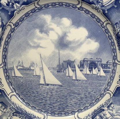 1934 English Wedgwood Etruria Blue Transferware Porcelain U.S. Naval Academy Sailboat Drill Plate