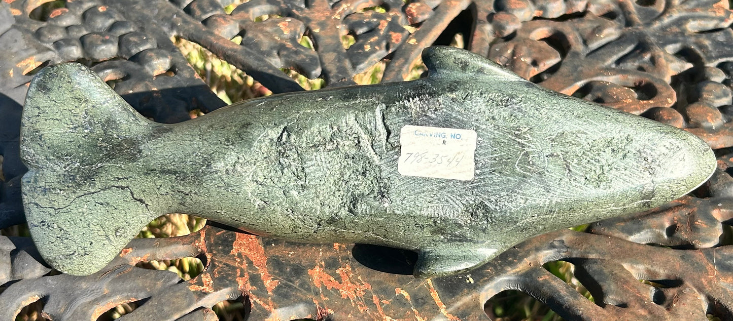 Vintage Canadian Inuit Beluga Whale Serpentine Stone Carving by Nooshoota Paduq (1979)