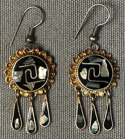 Vintage Circa 1970 Mexican Alpaca Modernist Silver Tone Abalone Shell and Black Onyx Inlay Aztec Chimalli Shield Motif Bangle Bracelet and Tassel Dangle Earrings Jewelry Set