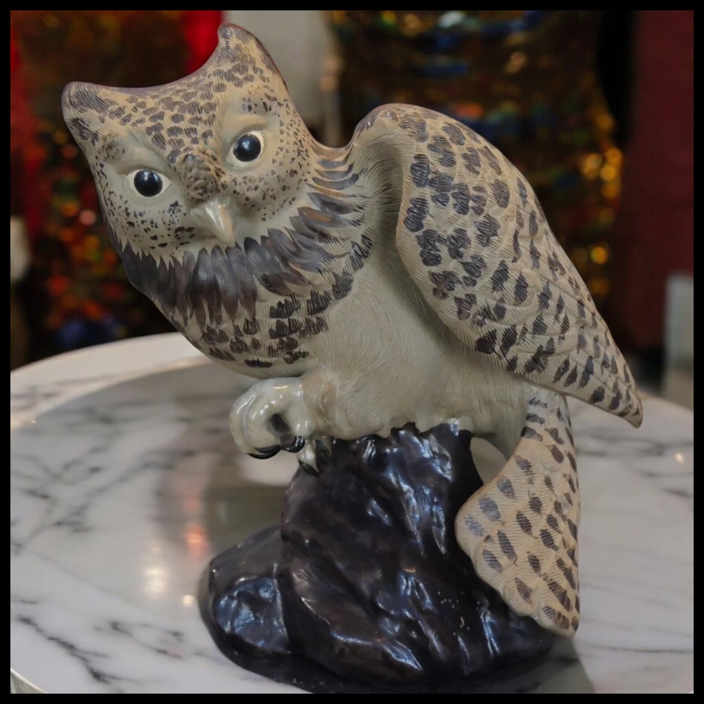 Vintage Circa 1970 Chinese Shiwan Pottery Owl Atop Rock Figurine