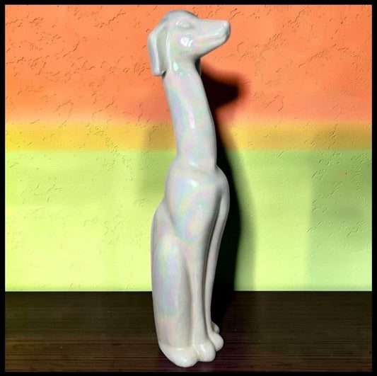 Vintage 1950’s American Mid Century Modern USA Pottery Iridescent White Crackle Glazed Ceramic Greyhound Dog Sculpture (#508)