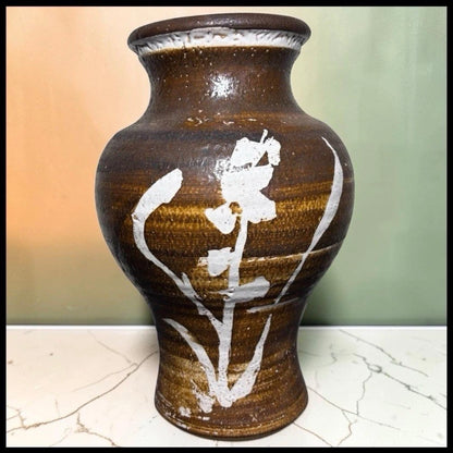 Vintage American Contemporary Style Studio Pottery Brown Ash Glazed Stoneware Floral Motifs Baluster Vase (20th Century)