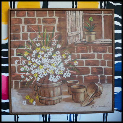 Vintage Circa 1970 American Mid Century Modern Daisies in Flower Pot Framed Oil Painting (Illegibly Signed)