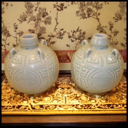 Pair of Vintage Circa 1970 Chinese Longquan Celadon Porcelain Shou Motifs Rotund Wine Jugs